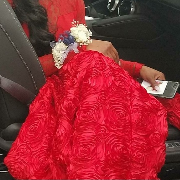 Red Long Sleeve Dress With Roses - Picture 2 of 4